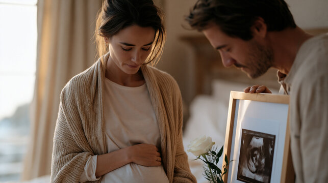 Woman placing single flower beside framed sonogram in quiet corner of bedroom, partner's hand on her shoulder, afternoon coming through curtain, grief visible in her stillness,