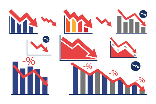 Set Symbol chart going down. Decreasing stock icon. Graph decrease. Arrow pointing down on graph. Bar chart symbol icon with arrow moving down suitable for logo web 