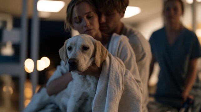 Exhausted couple carries a limping labrador through the automatic sliding doors of an emergency veterinary clinic at midnight, harsh fluorescent interior light spilling onto wet