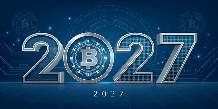 Year 2027 concept featuring cryptocurrency bitcoin symbol and digital network patterns on blue futuristic background cryptocurrency blockchain technology investment currency business