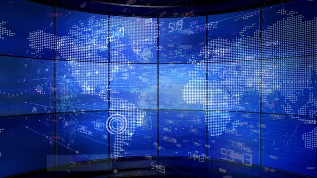Futuristic blue newsroom studio background featuring a digital world map made of light dots and scrolling financial numbers. Illustrates global network, international broadcasting, and cyber data.
