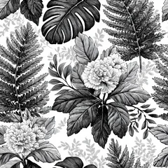 Seamless doodle pattern shows various tropical leaves and flowers sketched in black ink on white, creating a dense jungle design. © Anat art