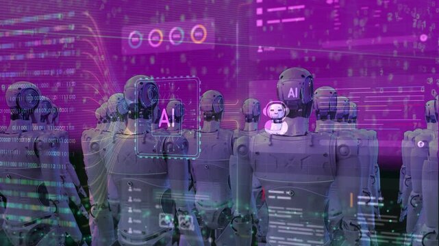 Rows of humanoid robots facing a futuristic digital interface with AI icons and data streams. Concept for artificial intelligence, automation, and machine learning.