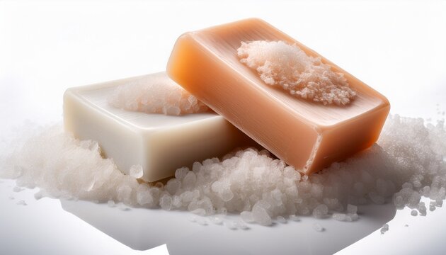 Close Up Of Two Soap Bars And Salt Granules On White