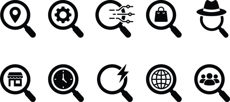 Versatile search and filter icon set including location settings digital network shopping and detective symbols.