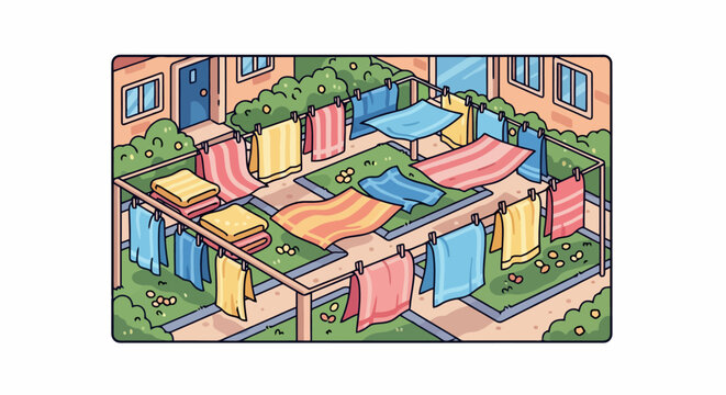 Colorful laundry drying on clotheslines in a sunny courtyard.
