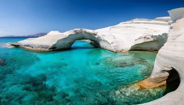 Sarakiniko Beach Or Moon Beach With A Natural Arch Of White Volcanic Rocks And Transparent Water In Milos Cyclades Islands Greece