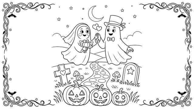 Cute ghost bride and groom holding hands in a spooky graveyard isolated on a transparent background