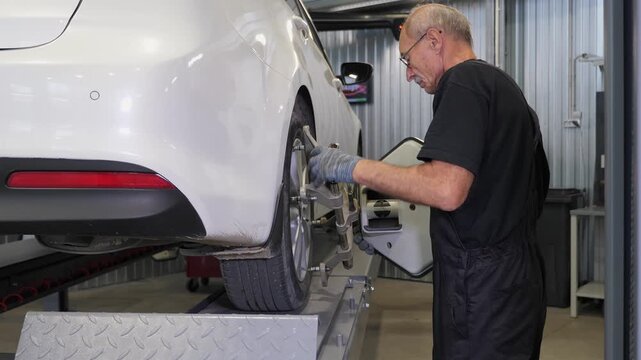 An auto mechanic installs a wheel adapter on the wheel to perform wheel alignment, balancing the wheels of the car at a service station.