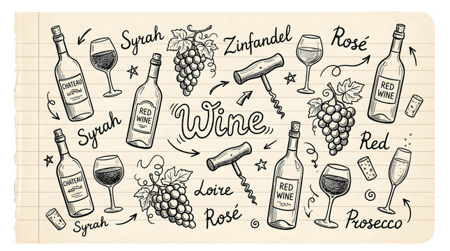 Detailed hand drawn sketches of wine bottles grapes and wine glasses on lined paper art.