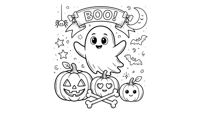 Cute ghost with pumpkins and a boo banner for halloween coloring isolated on a transparent background