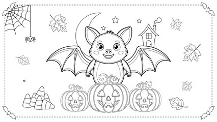 Obraz premium Cute halloween bat with pumpkins and autumn leaves coloring page isolated on a transparent background