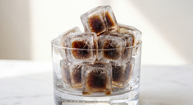 Frozen coffee ice cubes in a clear glass on a white marble table. Refreshing summer cold brew coffee preparation and creative summer beverage concept with copy space.