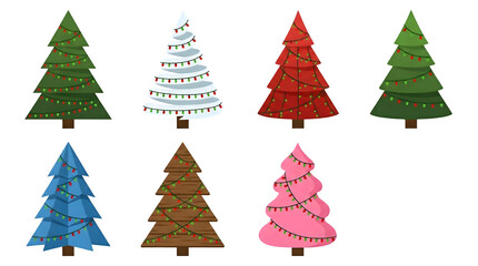 Obraz premium Set of colorful christmas trees with fairy lights isolated on transparent background