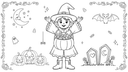 Fototapeta premium Cute witch girl holding a pumpkin bucket for halloween coloring page isolated on a transparent background