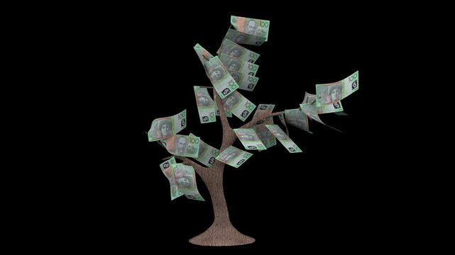3d animation of a money tree with 100 australian dollar banknotes blowing in the wind on a black background.