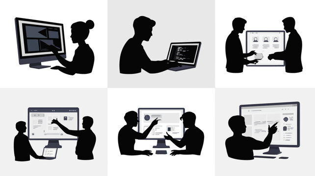 Software Development Team Coding Silhouettes for Web Interface Design and Agile Project Collaboration