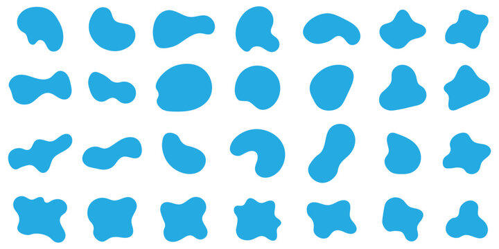 Random organic blob shapes. Black cube drops. Collection of blue organic blob shapes in various. Random blob shape.
