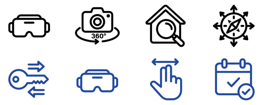Set of digital technology and virtual reality icons featuring vr headsets camera navigation search and calendar tools Vector