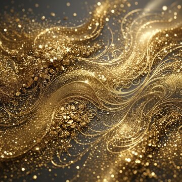 Abstract golden glitter waves and flowing sparkles.