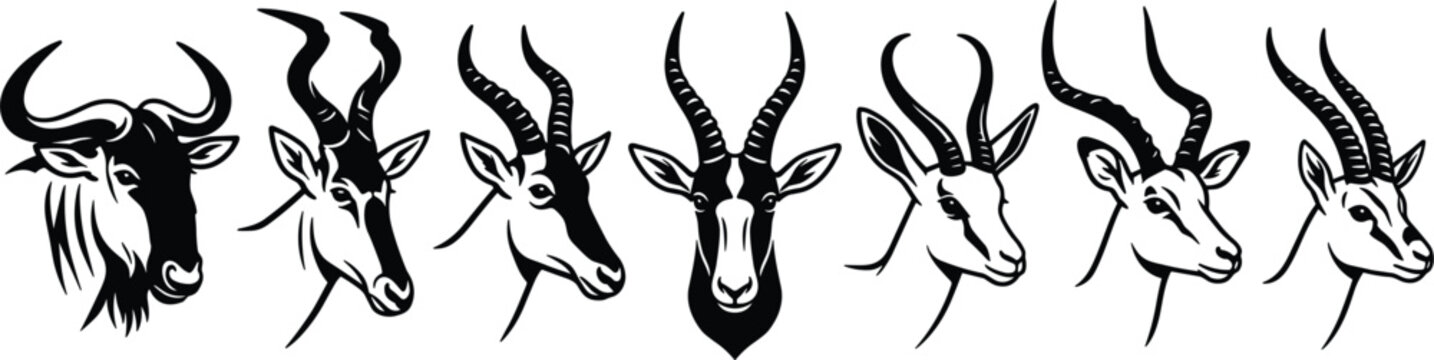 African Antelope and Wildebeest Head Silhouette Vector Set Featuring Horned Safari Animal Icons for Wildlife Conservation and Hunting Lodge Logo Designs