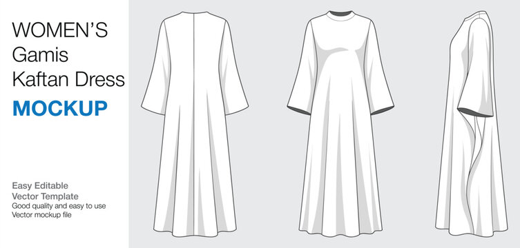 Women's Gamis Kaftan Long Dress Mockup Vector Template - Front, Back, and Side View