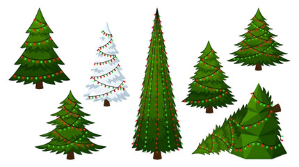 Obraz premium Set of christmas trees with colorful light garlands isolated on transparent background