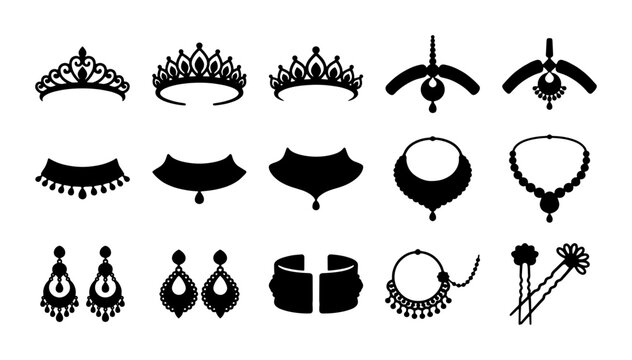 Traditional Indian jewelry silhouette icons, set of 15 bridal accessories including tiaras and necklaces, black ethnic fashion ornaments vector