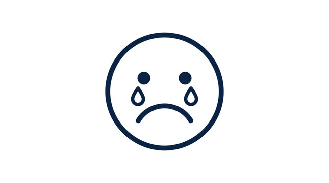 Crying face icon with teardrops simple line art on white background
