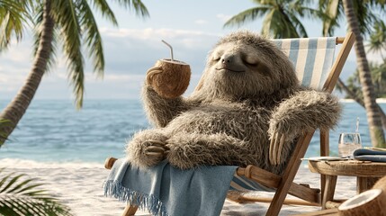 Obraz premium Sleepy Sloth Enjoys Coconut Drink While Relaxing on Beach Chair Under Palm Trees
