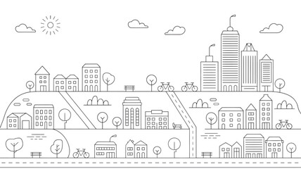 Minimalist line art city landscape vector illustration with buildings houses skyscrapers trees roads bikes clouds and sun on hills background © Atikul