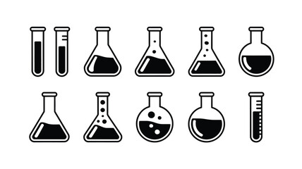 Laboratory glassware icons set with chemical test tubes Erlenmeyer flasks and round bottom flasks filled with liquid and bubbles vector © Atikul