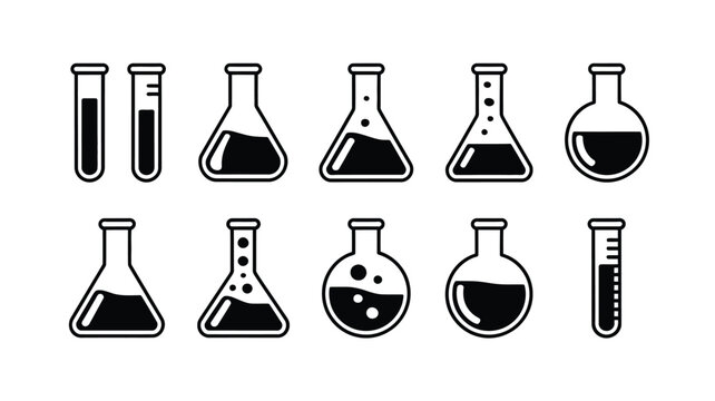 Laboratory glassware icons set with chemical test tubes Erlenmeyer flasks and round bottom flasks filled with liquid and bubbles vector