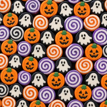 Halloween Candy Pattern Background with Pumpkins and Ghosts
