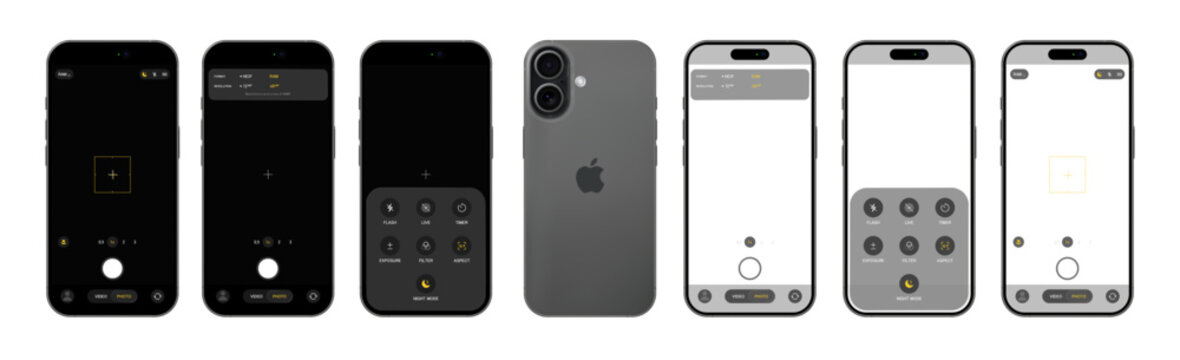 Photorealistic detailed Apple Iphone 17 Black photo camera mockup isolated. iOS 26, liquid grass 2026 design. Vector editorial illustration