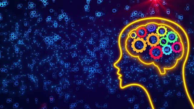 Futuristic Neon Human Head Silhouette With Colorful Rotating Gears Inside Brain Representing Cognitive Thinking, AI, And Business Ideas. Dark Blue Digital Network Background With Floating Gear Particl