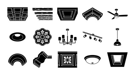 Modern ceiling lighting and architectural molding icons, set of 15 black vector silhouettes, interior design ceiling fixtures and crown molding elements © Sajid