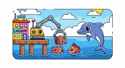 Obraz premium A cute dolphin swimming in the ocean next to a pier with a claw machine.