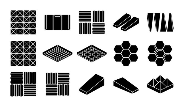 Acoustic foam panels and soundproofing studio insulation set, 15 black vector icons of sound absorbing materials, noise reduction equipment for recording