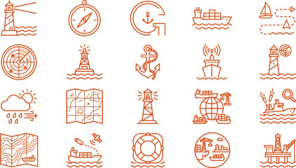 Collection of marine navigation icons featuring lighthouses anchors and nautical map symbols © Sahinur 
