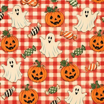 Halloween seamless pattern with cute ghosts, jack o lanterns and candies on red plaid background, vintage spooky autumn wallpaper, vector illustration backdrop