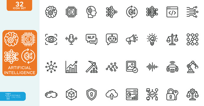 Artificial Intelligence Vector illustration line editable Icons set. Innovation technology, machine, robot, bot, brain, collection. on white background.