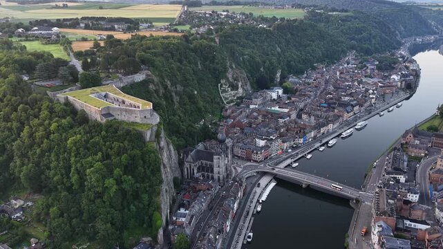 Dinant Belgium aerial panorama of Citadel and Meuse River