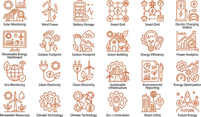 Fototapeta premium Collection of sustainable energy and green technology icons for environmental infrastructure data.