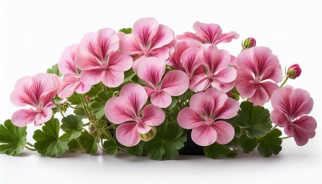 beautiful blooming geranium bush with pink flowers isolated on white or white background