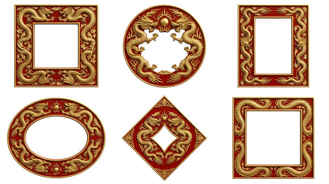 Set of 6 golden dragon frames isolated on transparent background
