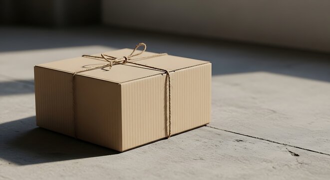 Brown cardboard parcel on concrete floor.