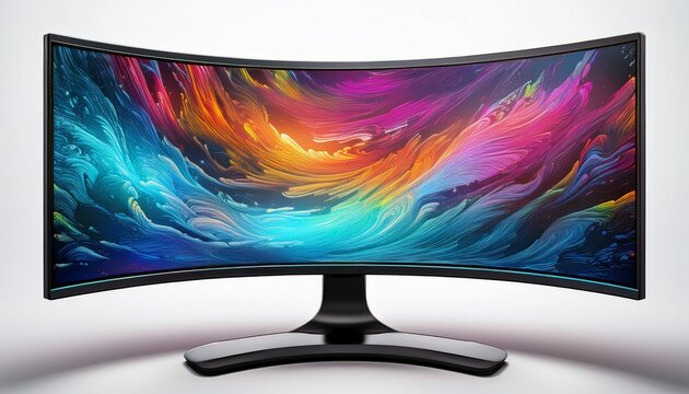 curved gaming monitor with colorful screen isolated on white background