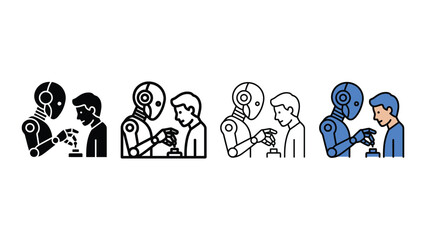 Fototapeta premium Robotic arm assisting a human hand with a circuit board in four color variations flat icon set