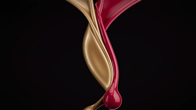 Two glossy liquid ribbons in warm gold and saturated red twisting, wrapping, and descending into hanging droplets against deep black background, creating elegant luxury abstract motion